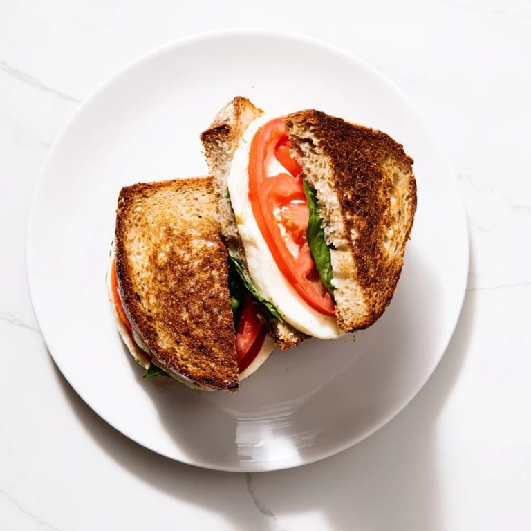 Fresh basil and juicy tomato slices peek from the crispy, golden crust of a Tomato Basil Grilled Cheese sandwich on a plate.