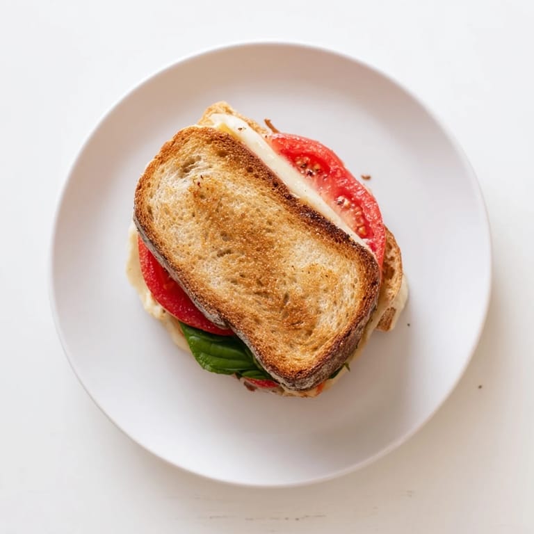 Melted mozzarella oozes from the edges of a Tomato Basil Grilled Cheese, served alongside a warm bowl of creamy tomato soup.