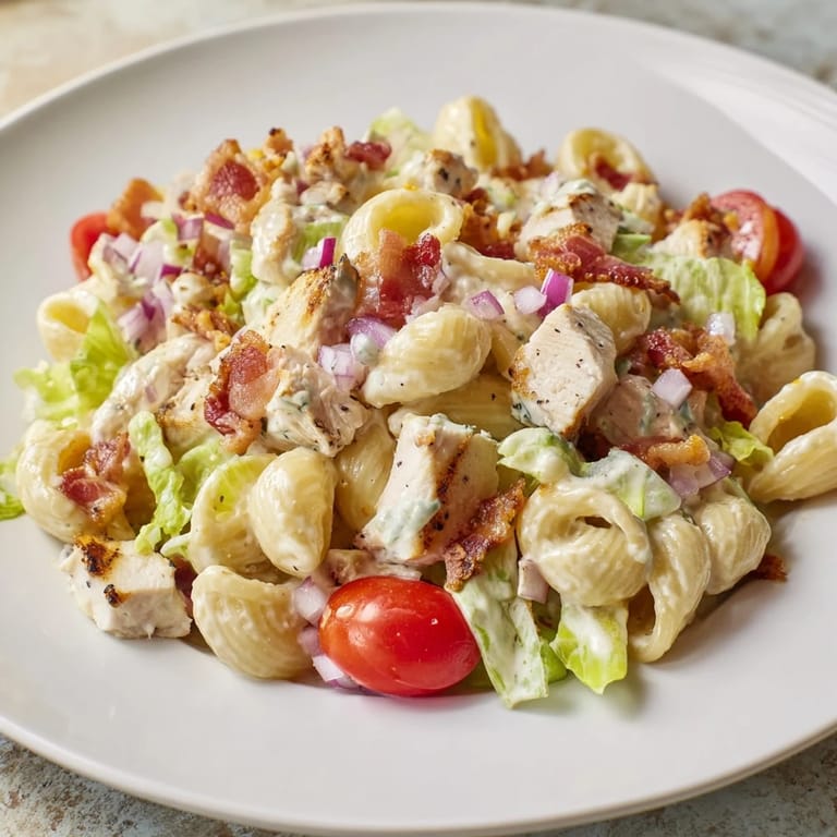 Serving suggestion for BLT Chicken Pasta Salad: a colorful mix of crumbled bacon, diced chicken, and cherry tomatoes.