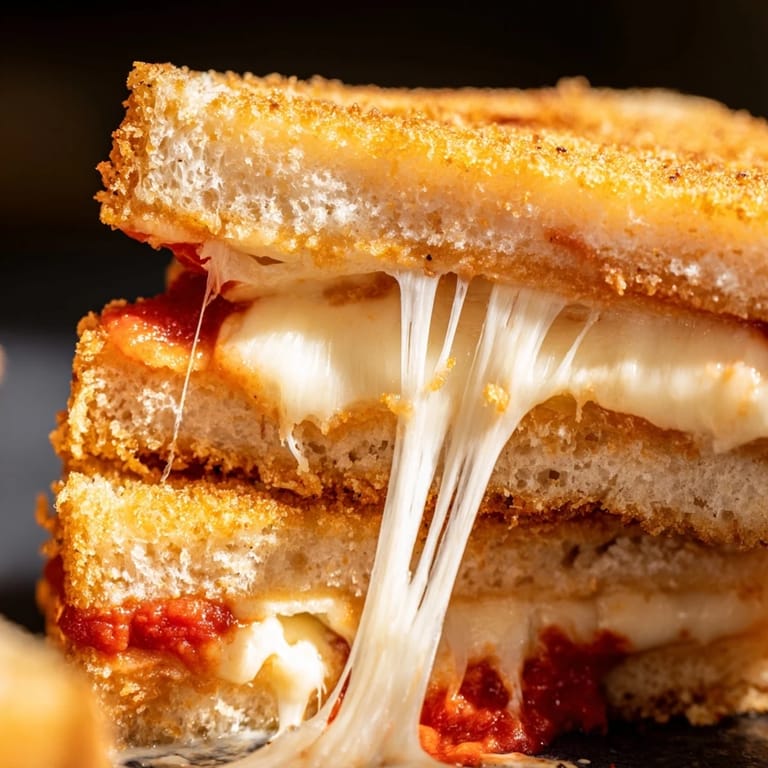 Freshly grilled Mozzarella Stick Grilled Cheese served with a small bowl of warm marinara.