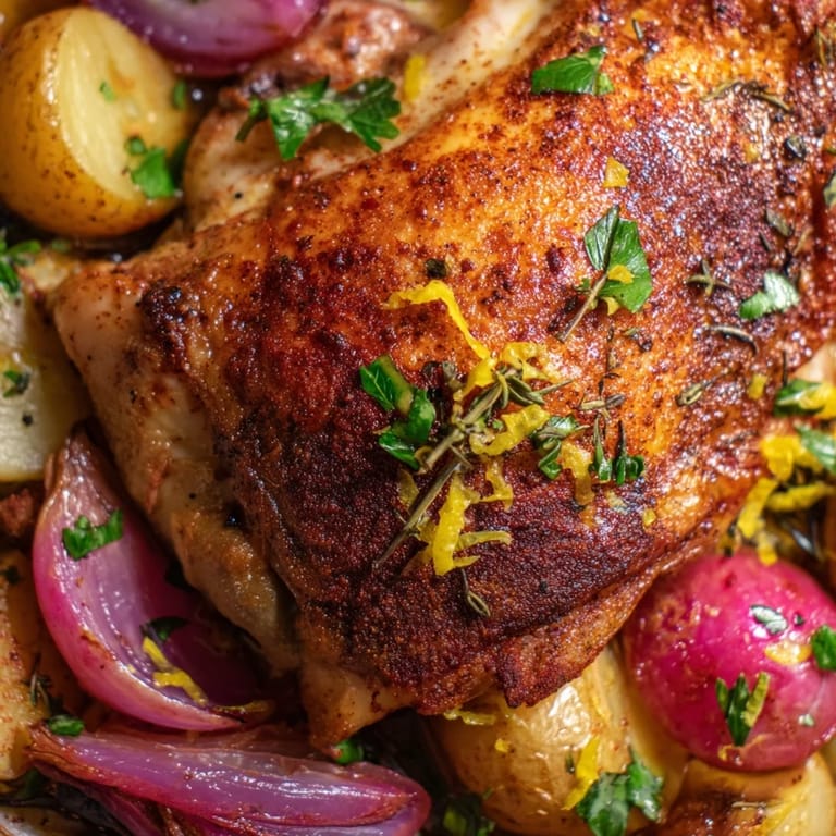 Roasted Radish & Chicken Sheet Pan dinner with caramelized potatoes and onions on a large baking sheet.  