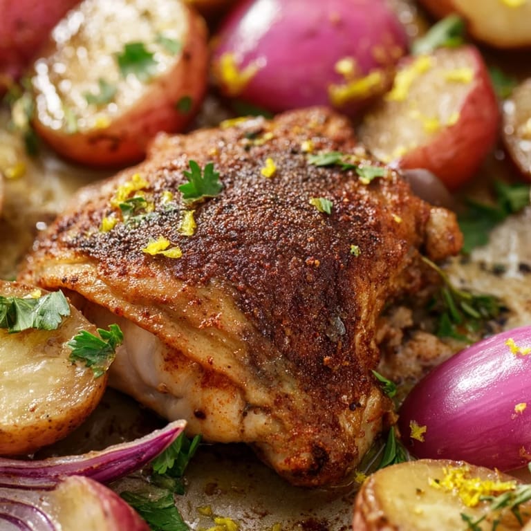Tender roasted radishes and golden chicken thighs from the oven, served with lemon wedges and parsley.