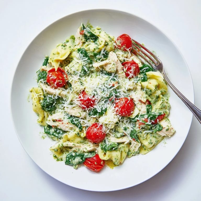 Golden cheese tortellini and tender chicken tossed in a vibrant green pesto sauce for a comforting dinner.
