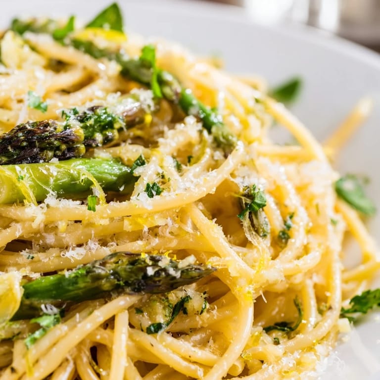 Roasted Garlic & Asparagus Pasta is served in a white ceramic bowl, showcasing tender asparagus and mashed roasted garlic glistening with olive oil and lemon zest for a fresh Italian spring meal.