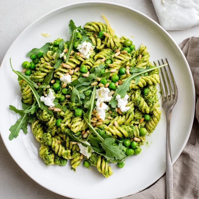 Spring Green Pesto Pasta Salad served chilled on a rustic wooden table, with a fork twirling a bite that includes fresh baby arugula and a sprinkle of lemon zest.