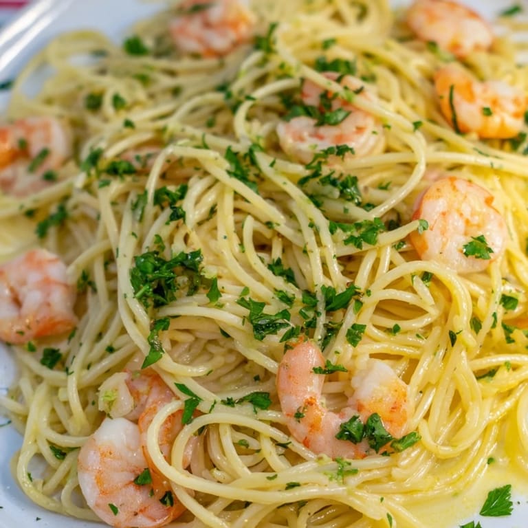 Tongs lifting a portion of Lemon Butter Shrimp Pasta Lite from a skillet, with steam rising from tender pasta, buttery shrimp, and bright lemon zest.  