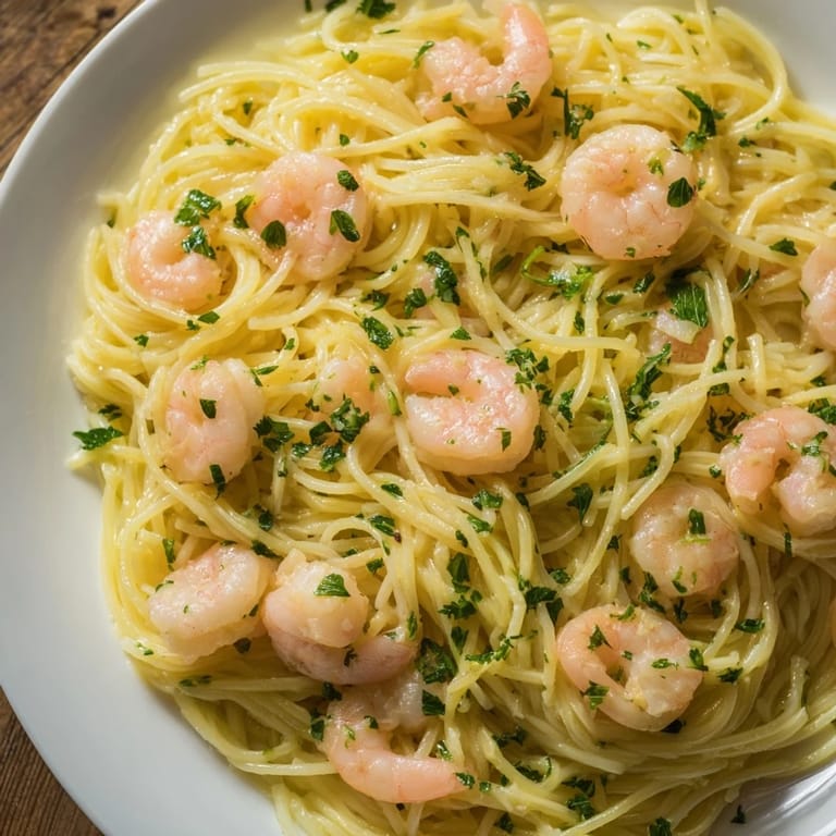 Lemon Butter Shrimp Pasta Lite served with a lemon wedge on the side, showcasing sautéed shrimp and delicate angel hair pasta in a light, aromatic lemon butter sauce.