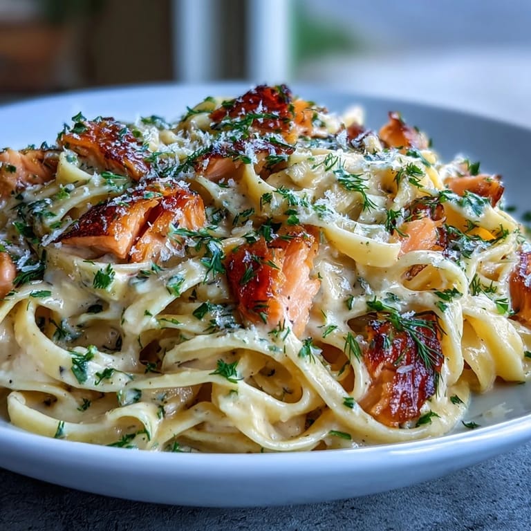 A close-up of Creamy Salmon Pasta with fresh herbs and Parmesan, served warmly on a white plate for a weeknight meal.  