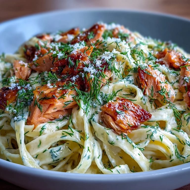 Ready-to-serve Creamy Salmon Pasta with a rich, glossy sauce, lemon zest, and tender salmon flakes for a pescatarian dinner.
