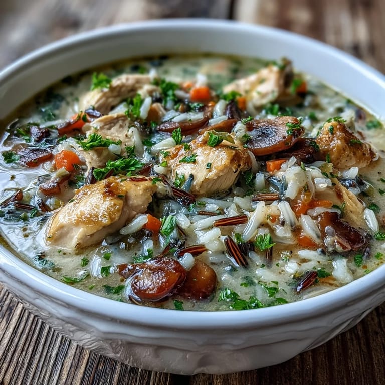 Ladle serving hearty Parmesan Mushroom Chicken and Wild Rice Soup with tender chicken, earthy mushrooms, and wild rice.