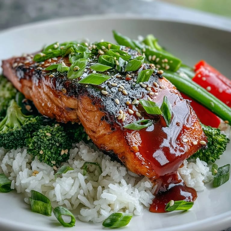 A close-up of maple soy glazed salmon served over steamed jasmine rice and vibrant stir-fried snap peas.