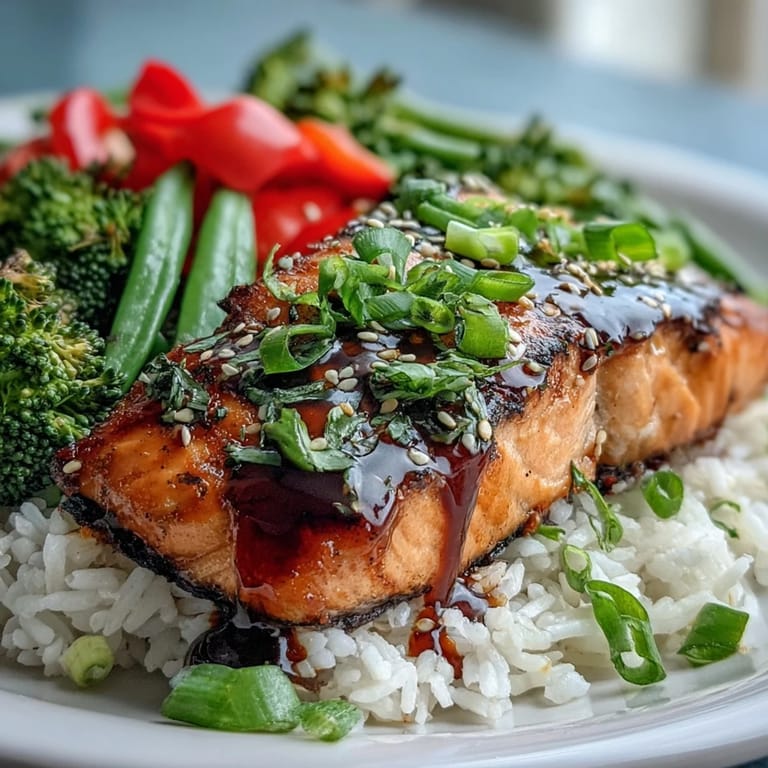 Tender salmon coated in glossy maple soy glaze beside crisp vegetables and rice, garnished with green onions.
