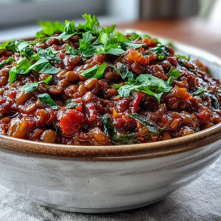 Close-up of Cuban-Inspired Lentil Picadillo in a skillet, showing rich, savory sauce with tender lentils and diced vegetables.  