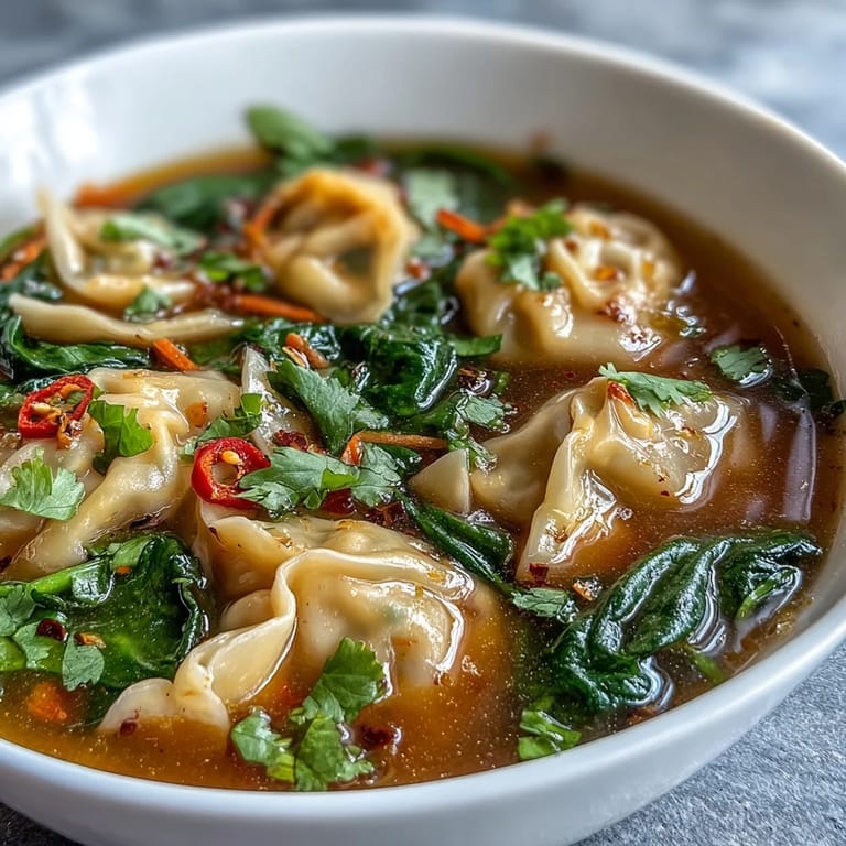 A close-up of Red Curry Wonton Soup, garnished with scallions and cilantro, with vibrant carrots and greens floating in the spicy broth.