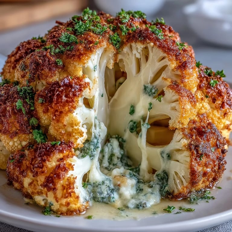 Whole Cheesy Stuffed Cauliflower Head on a baking sheet, revealing melted mozzarella and Parmesan inside tender, golden roasted florets.
