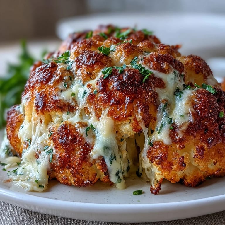 Warm wedge of Cheesy Stuffed Cauliflower Head on a plate, garnished with fresh chives and a side salad for a complete meal.
