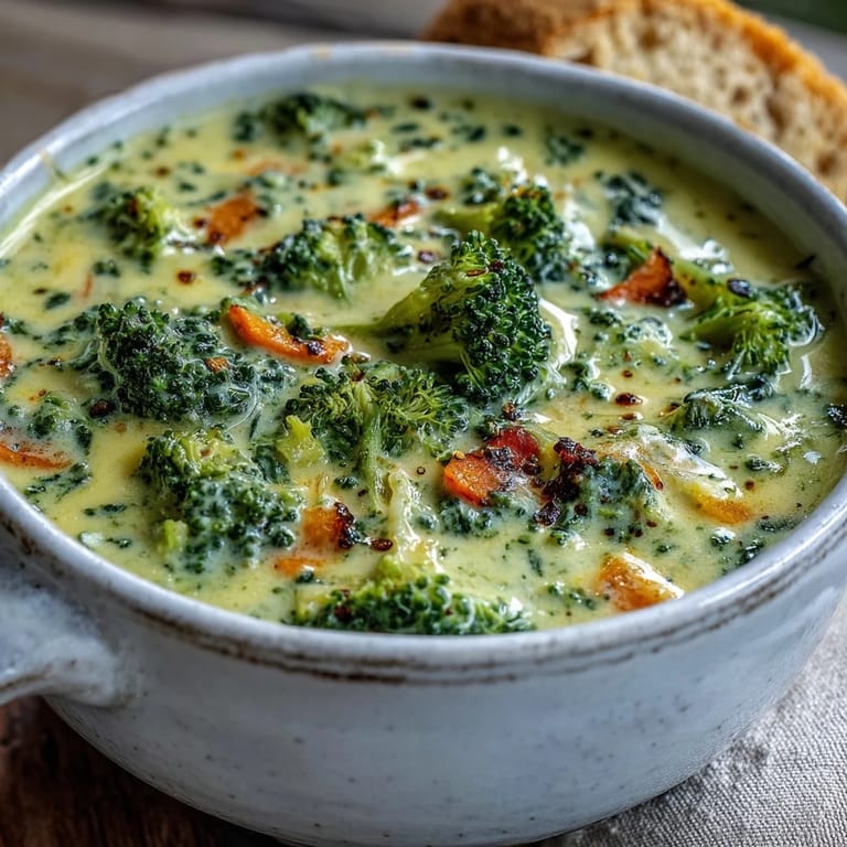 Steaming pot of homemade broccoli cheddar soup stirred with a wooden spoon.