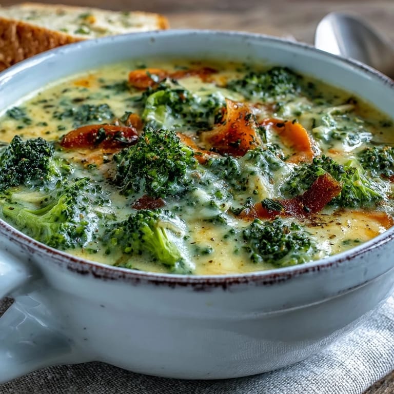 Melted sharp cheddar and tender broccoli florets in a velvety cheddar soup.