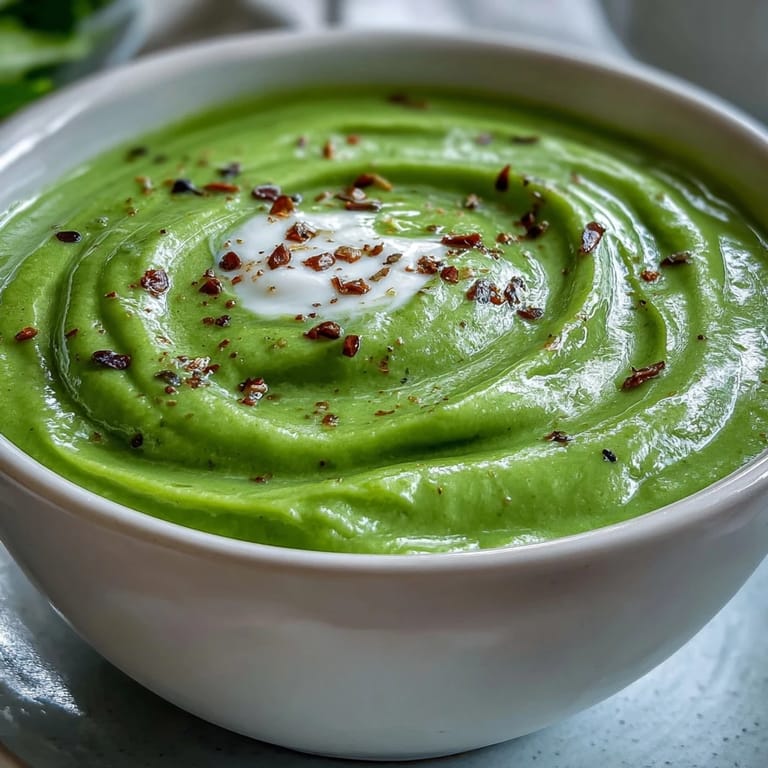 Warm cream of broccoli soup served in a white bowl, garnished with chives and a side of crusty bread.