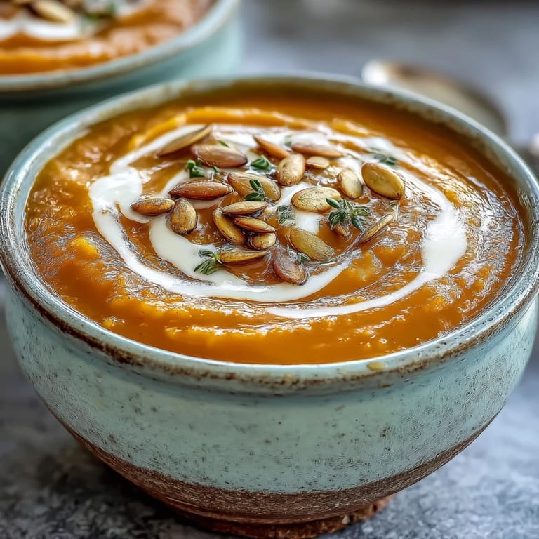 Velvety orange Butternut Squash and Apple Soup swirled with cream in a rustic ceramic bowl.