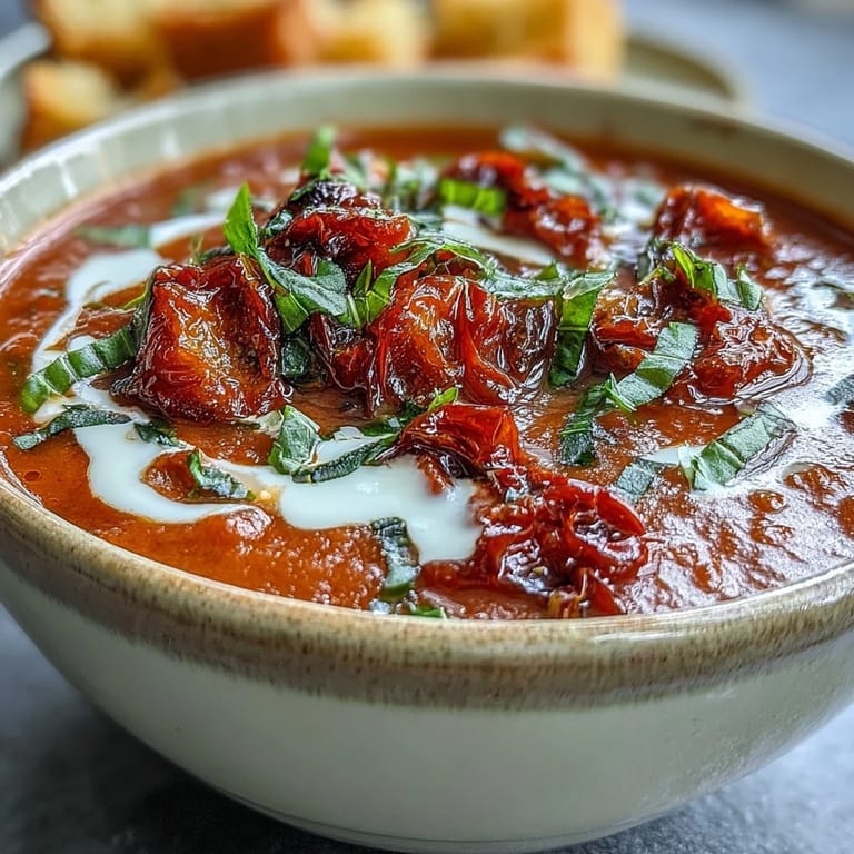 Rich, crimson Roasted Tomato Basil Soup topped with fresh basil leaves and olive oil drizzle, paired with crusty artisan bread for dipping.