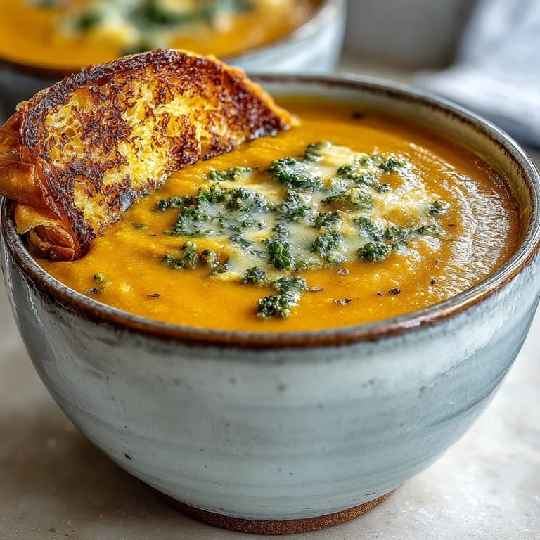 Rustic kitchen scene showing a spoon dipping into the Creamy Broccoli and Butternut Squash Soup with a cheese pastry on the side.