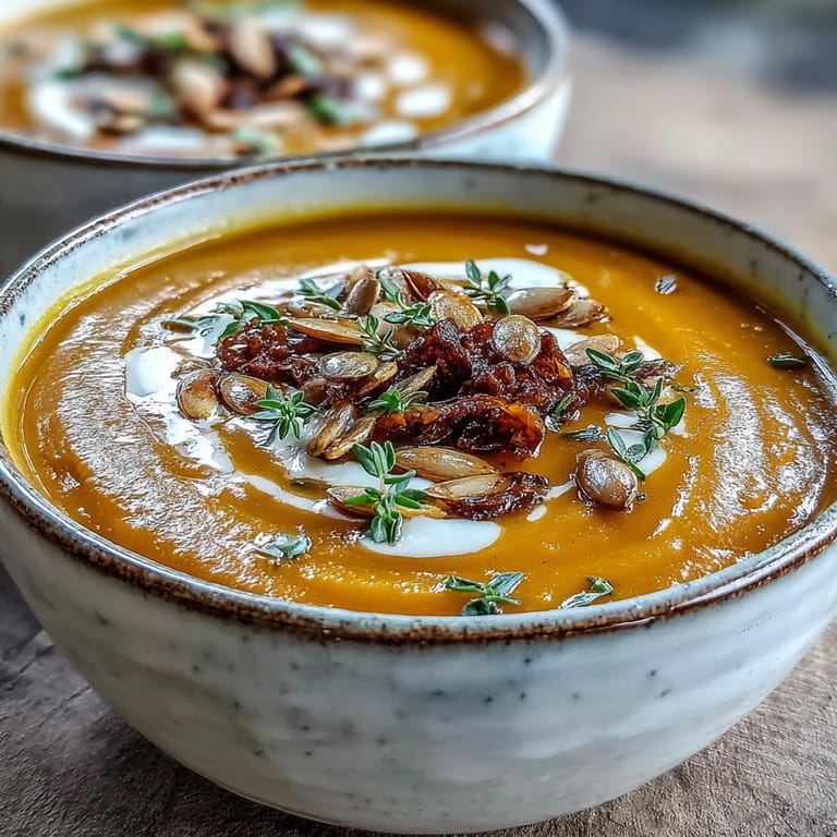 Steaming hot Easy Roasted Butternut Squash Soup drizzled with cream, paired with a slice of crusty bread.