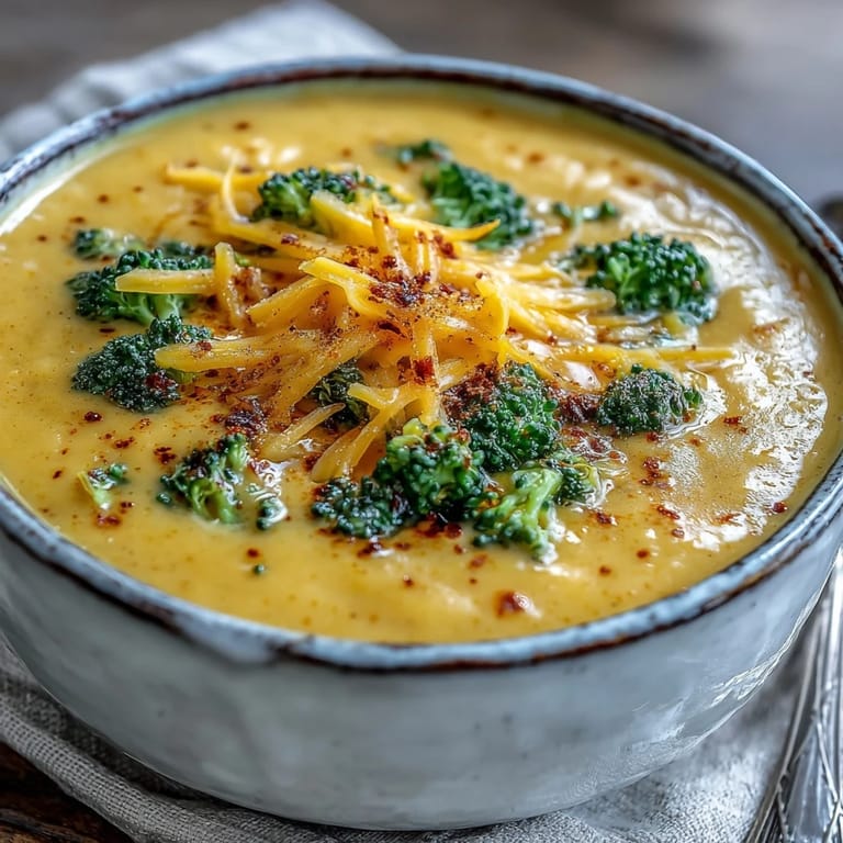 Golden, velvety butternut squash broccoli cheddar soup garnished with fresh herbs and a slice of crusty bread on the side.