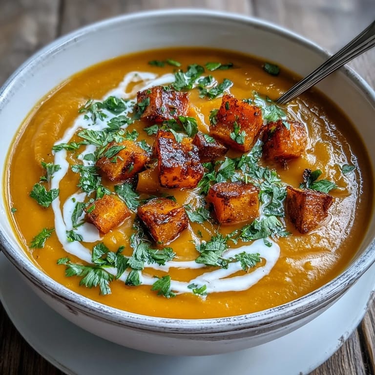 A creamy bowl of vegan butternut squash and lentil soup, perfect for cozy fall dinners.  