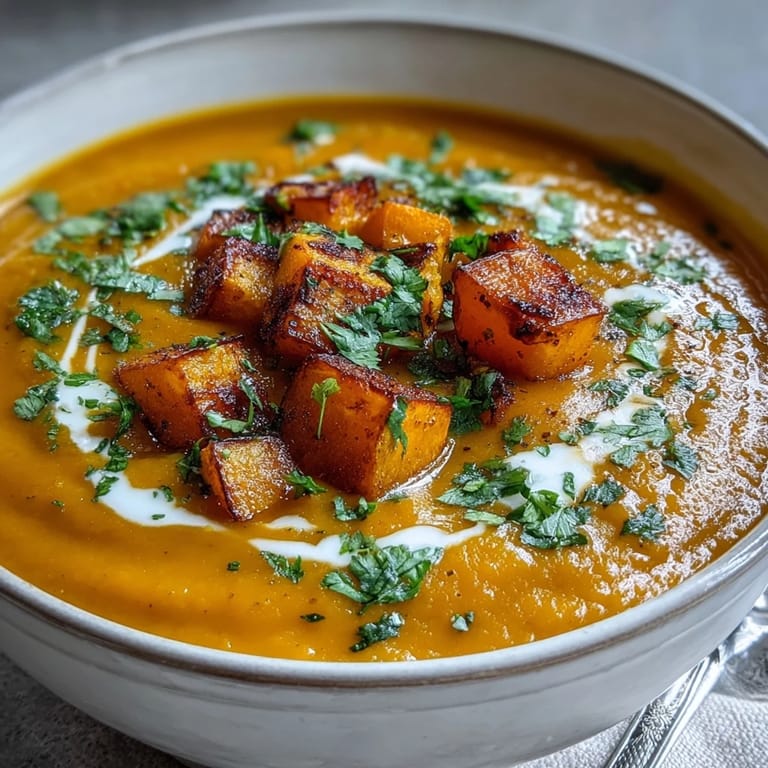 Vibrant orange butternut squash and lentil soup with spices, served alongside warm crusty bread.