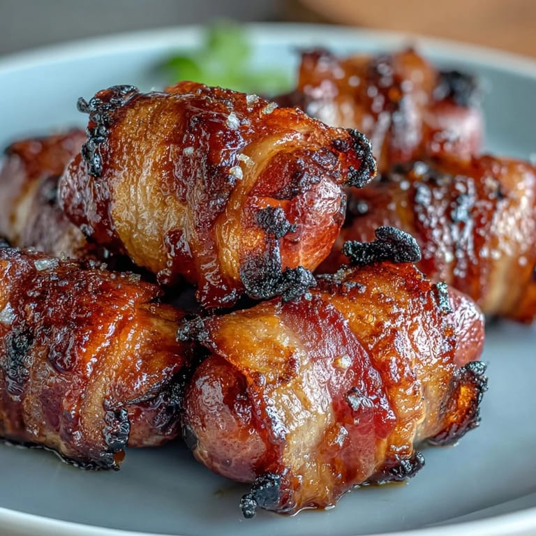 Crispy bacon-wrapped smokies on a baking sheet, served as an easy party appetizer with toothpicks ready for grabbing.