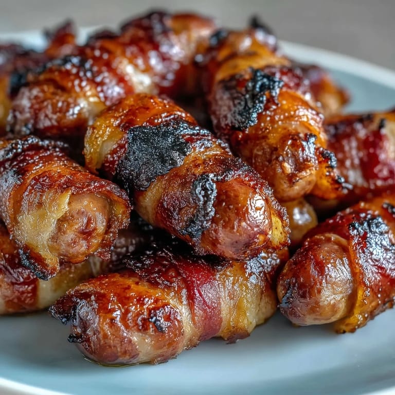 Close-up of bacon-wrapped smokies, showcasing juicy mini sausages wrapped in smoky bacon and a glossy, sweet glaze.