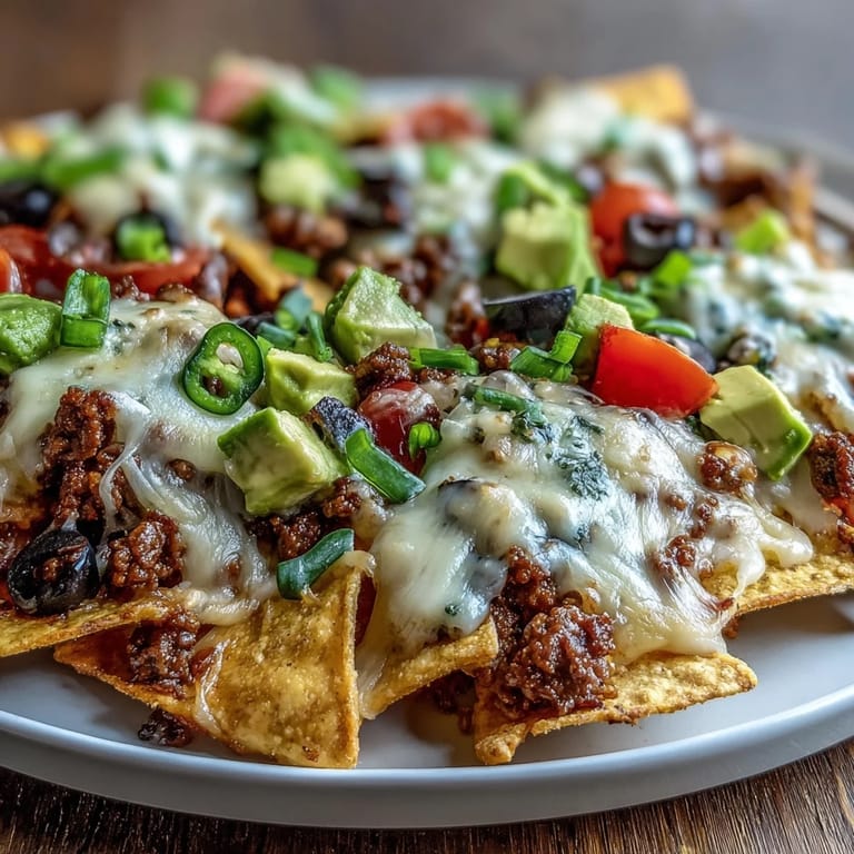 Golden, bubbly cheese covers layered Baked Nachos topped with diced tomatoes, black olives, jalapeños, and red onion.