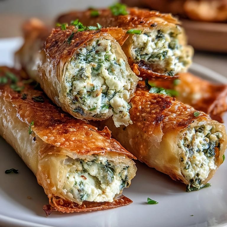 A hand dipping a golden Spanakopita Spring Roll into a small bowl of tangy yogurt sauce, highlighting the crunchy texture.