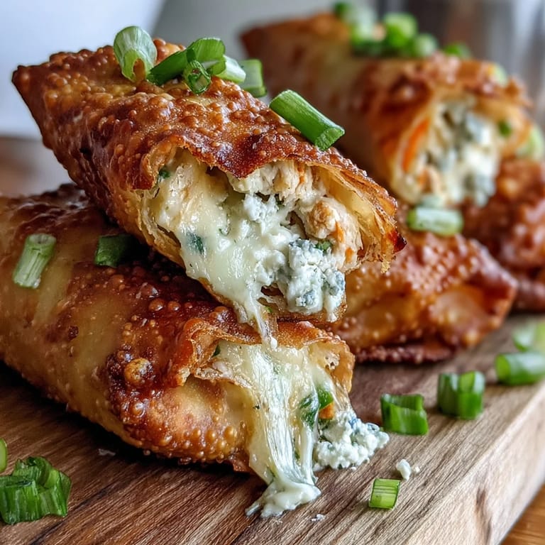 Freshly baked Buffalo Chicken Egg Rolls served with carrot sticks and blue cheese dressing for dipping.