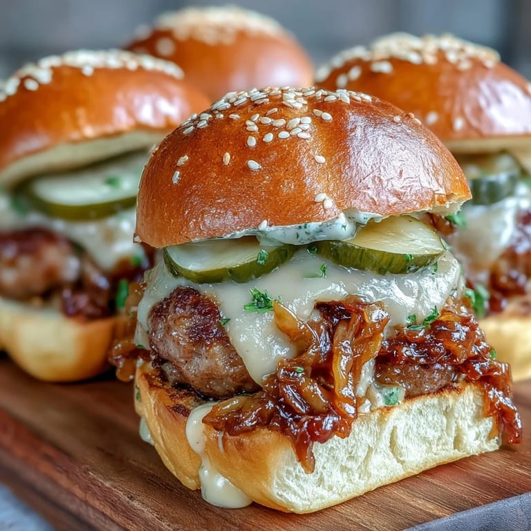 Freshly baked Touchdown Brat Sliders featuring bratwurst patties, melty cheese, and sesame seed buns.