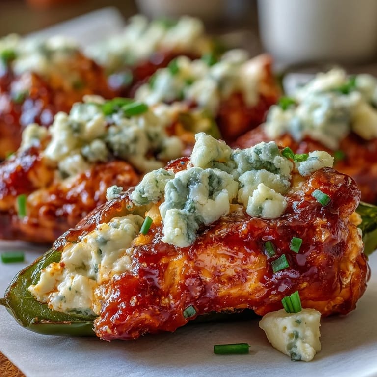 Spicy jalapeño halves overflow with tender shredded chicken and creamy buffalo sauce for game day.