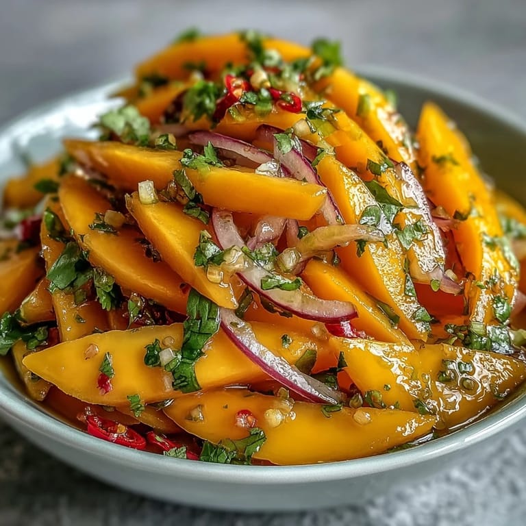 A vibrant bowl of Refreshing Mango Salad is topped with thin slices of red Thai chili, glowing in bright sunlight.