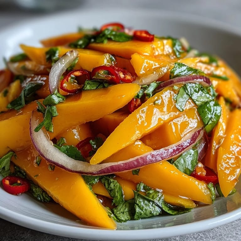 Overhead view of Refreshing Mango Salad, showing juicy mango pieces, fresh herbs, and glistening dressing in a shallow white bowl.