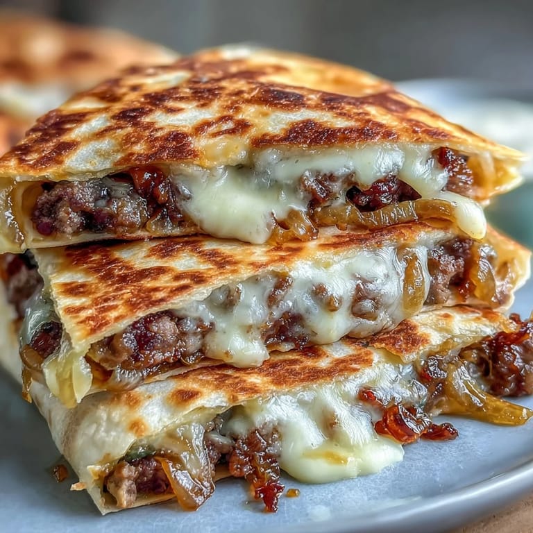 A plate of sizzling Cheesy Griddled Smashburger Quesadillas is topped with sliced pickles and fresh cilantro, ready for dinner.