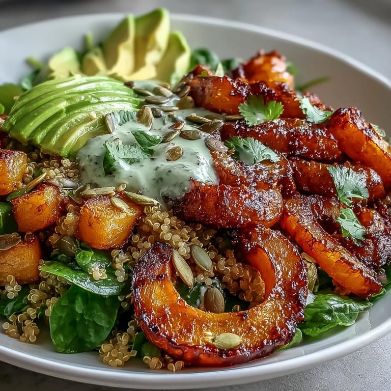 A hearty bowl of butternut squash steak with quinoa, crisp veggies, and avocado, perfect for a healthy weeknight dinner.