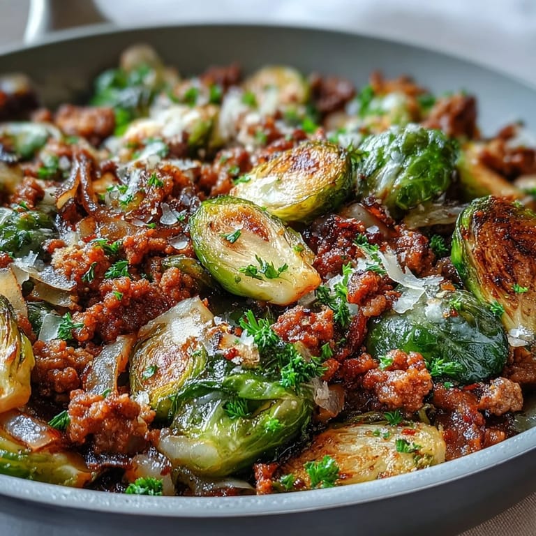 A close-up of a hot skillet featuring crisp-edged Brussels sprouts next to juicy ground turkey, garnished with melted Parmesan.