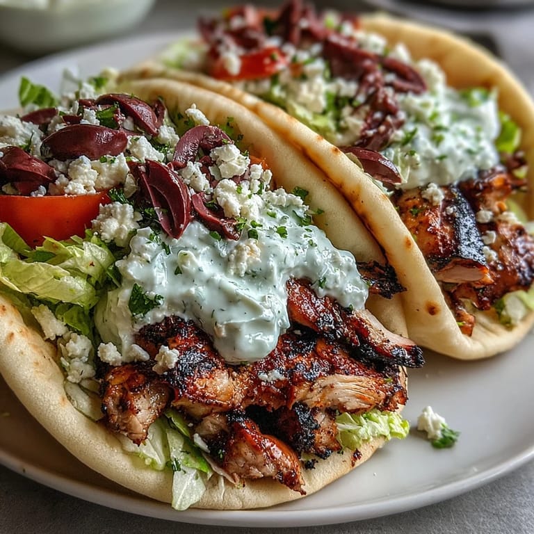 Close-up of Mediterranean Chicken Gyros topped with creamy feta tzatziki, crisp veggies, and a garnish of fresh herbs.