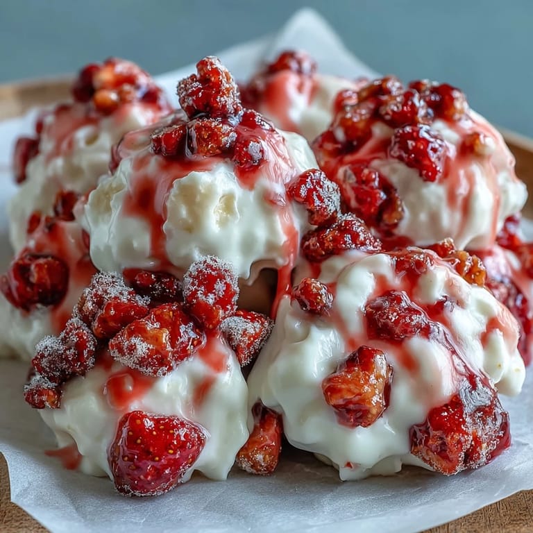 A close-up reveals the marbled pink and creamy texture of Strawberry & Banana Yoghurt Clusters, accented by honey and vibrant, crunchy fruit pieces.