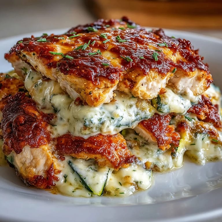 Casserole dish of High Protein Chicken Zucchini Bake garnished with fresh parsley on a rustic wooden table.