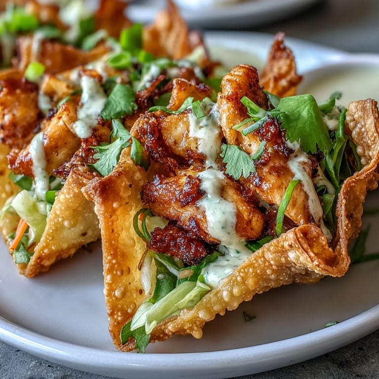 Sizzling Crispy Chicken Wonton Tacos topped with lime wedges, drizzled with spicy mayo, and ready to serve.