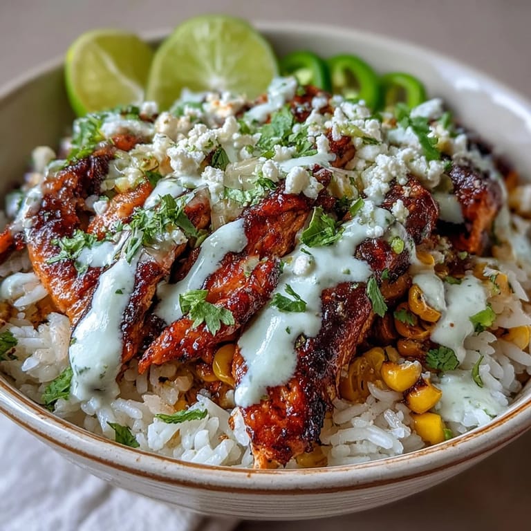 Golden, juicy chicken slices rest over fluffy rice and smoky charred corn, finished with drizzled crema and crumbled cotija for a vibrant Street Corn Chicken and Rice Bowl. 