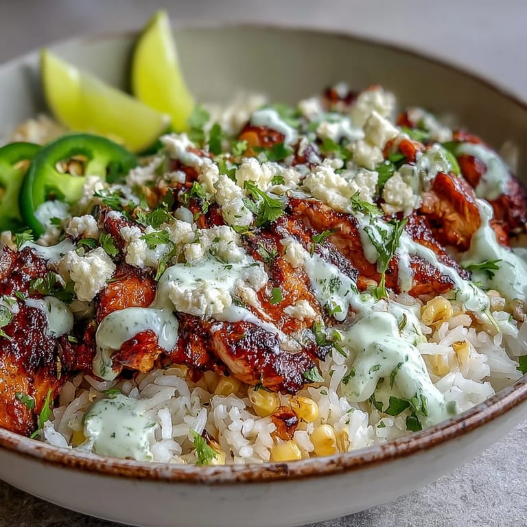 A close-up of a Street Corn Chicken and Rice Bowl shows charred corn kernels, creamy white crema, and fresh cilantro, served with lime wedges for squeezing.