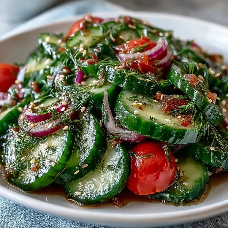 Served chilled in a white ceramic bowl, this Refreshing Crunchy Cucumber Salad is topped with toasted sesame seeds for extra texture. 