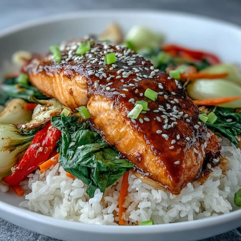 Tender soy ginger salmon nestled in a vibrant bowl of crisp veggies and creamy avocado, ready for a quick weeknight dinner.